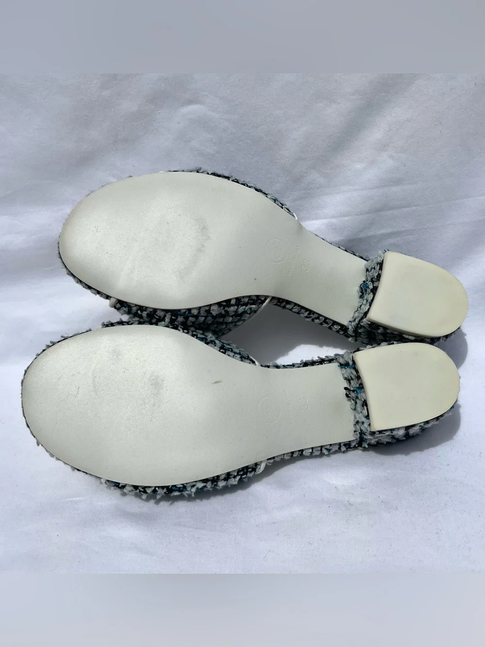 CHANEL White & Tweed Slide Mules Block Heel Sandals CC Logo Size 8